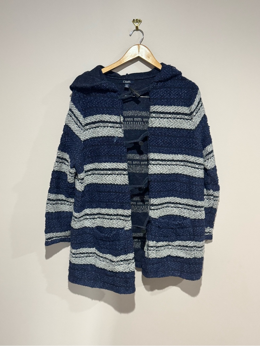 Chaps women's Hooded Toggle Cardigan Sweater Pockets Blue Gray Striped Sz 1X
